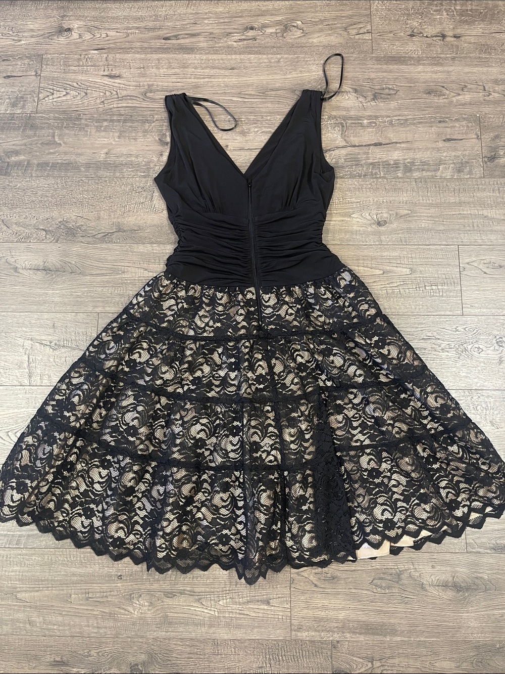 S.L. Fashions Black Strapless Lace Skater Dress